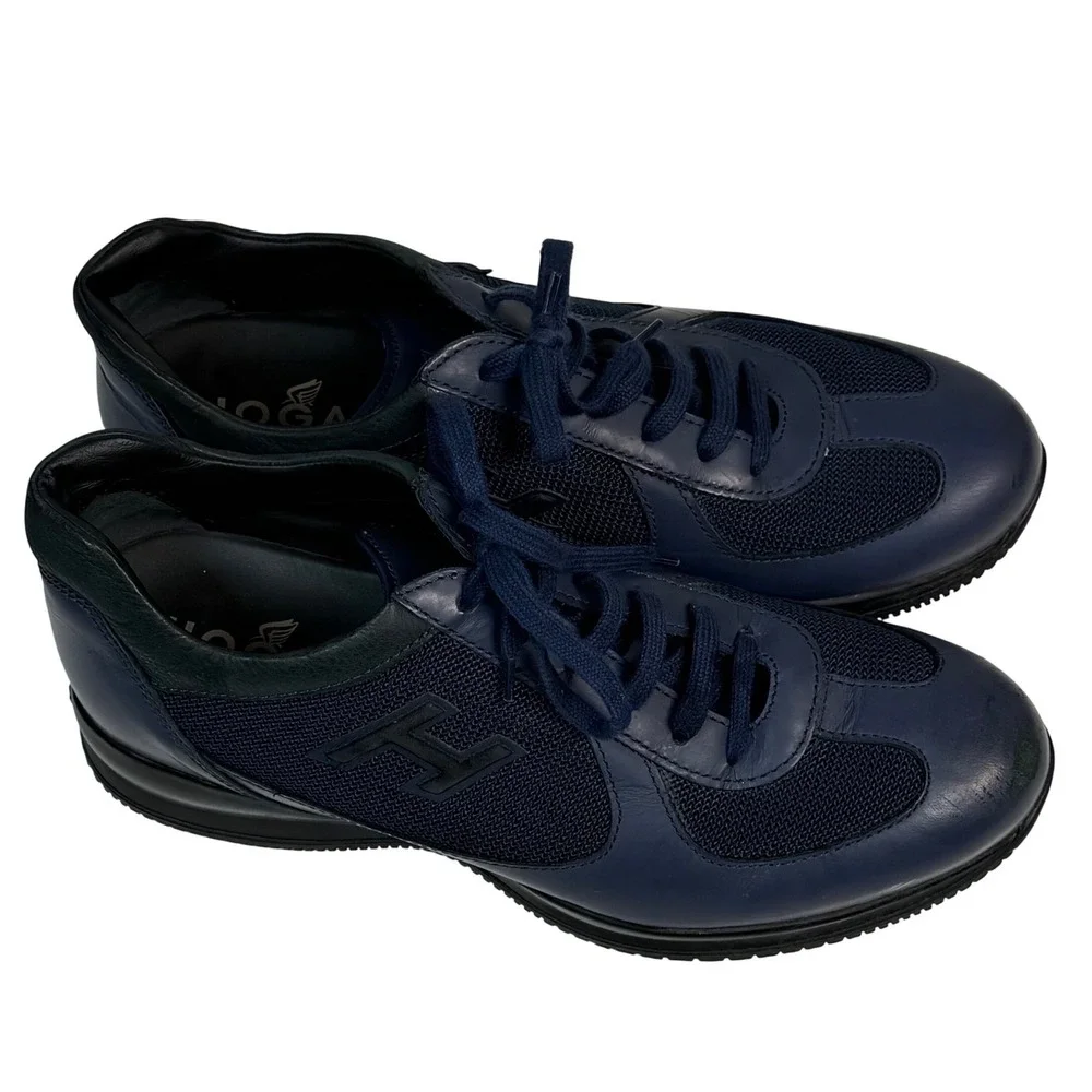 Hogan Interactive Navy Blue Leather Mesh Sneakers Mens‎ Size 7.5 Made in Italy